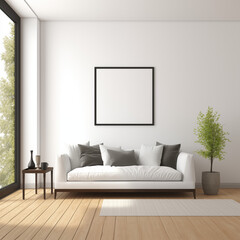 White Living Room with Sofa and Coffee Table, Large Window