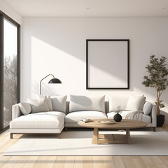 Sleek Minimalist Living Room with Large Window and Poster Mockup