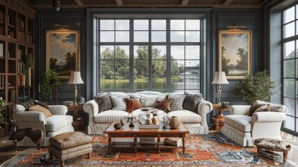 Fototapeta premium Minimalist aristocratic mansion with a green Barcelona sofa, Chinese ceramic teapots, and Morandi color series cotton and linen striped cloths. 