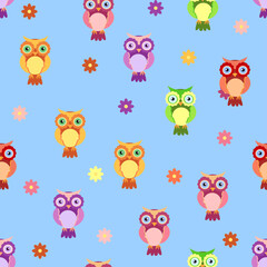 Seamless colorful owl pattern for children with flowers, clouds, branches