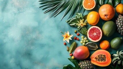 Summer mix of tropical fruits over blue wooden background