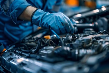 Mechanic Performing Engine Maintenance in Modern Auto Repair Shop with Organized Workbench