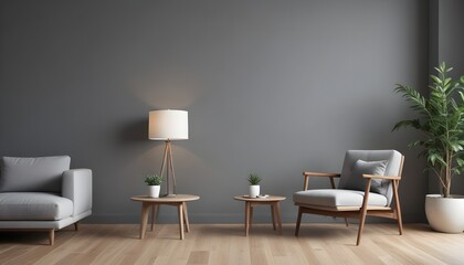 Living room with leather armchair on wood flooring and dark Gray wall. 3D render