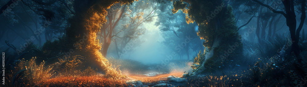 Poster enchanting forest path illuminated by magical light, surrounded by vibrant foliage and trees, creati