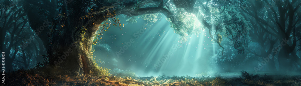 Poster mystical forest with ethereal light beams piercing through the tree canopy, creating a magical and s