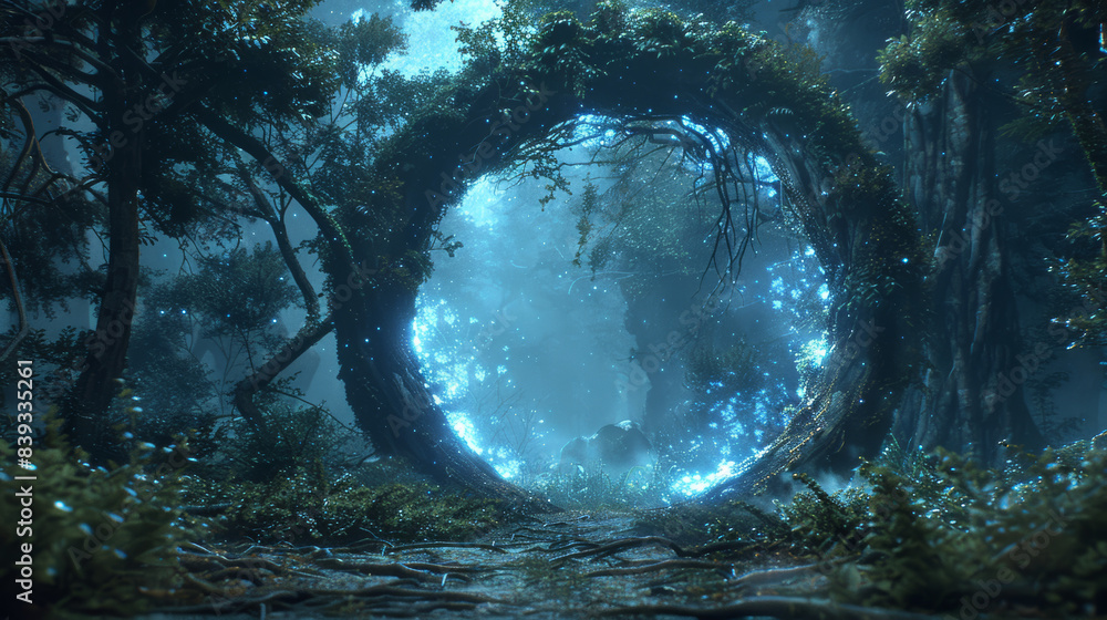Poster mystical forest scene with glowing portal, capturing an ethereal and enchanting atmosphere. ideal fo