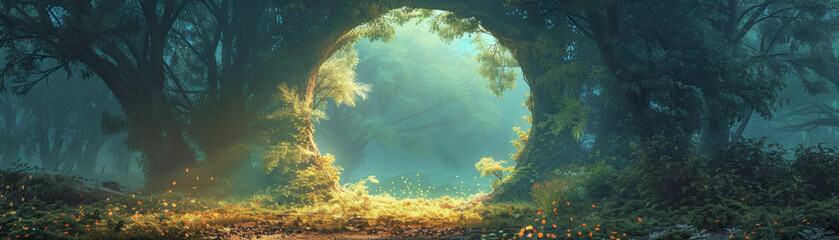 Magical forest portal with glowing lights illuminating a mystical pathway through dense, green foliage on a foggy morning.