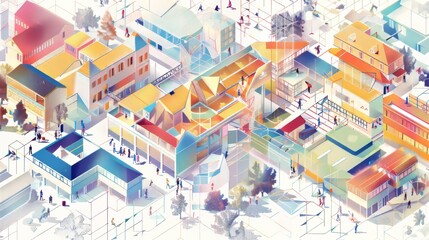 A geometric diagram showing educational resource distribution, with many transparent layers, in the style of luminous landscapes, white background, isometric, educational vistas with cartelcore, lumin