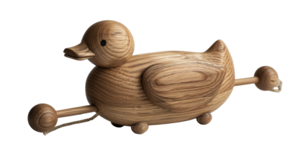 A wooden duck pull toy with a string and round knob