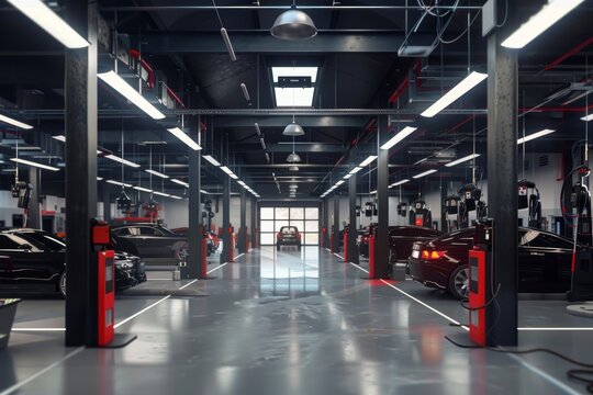 Professional Auto Shop with Multiple Inspection Bays and Experienced Mechanics at Work