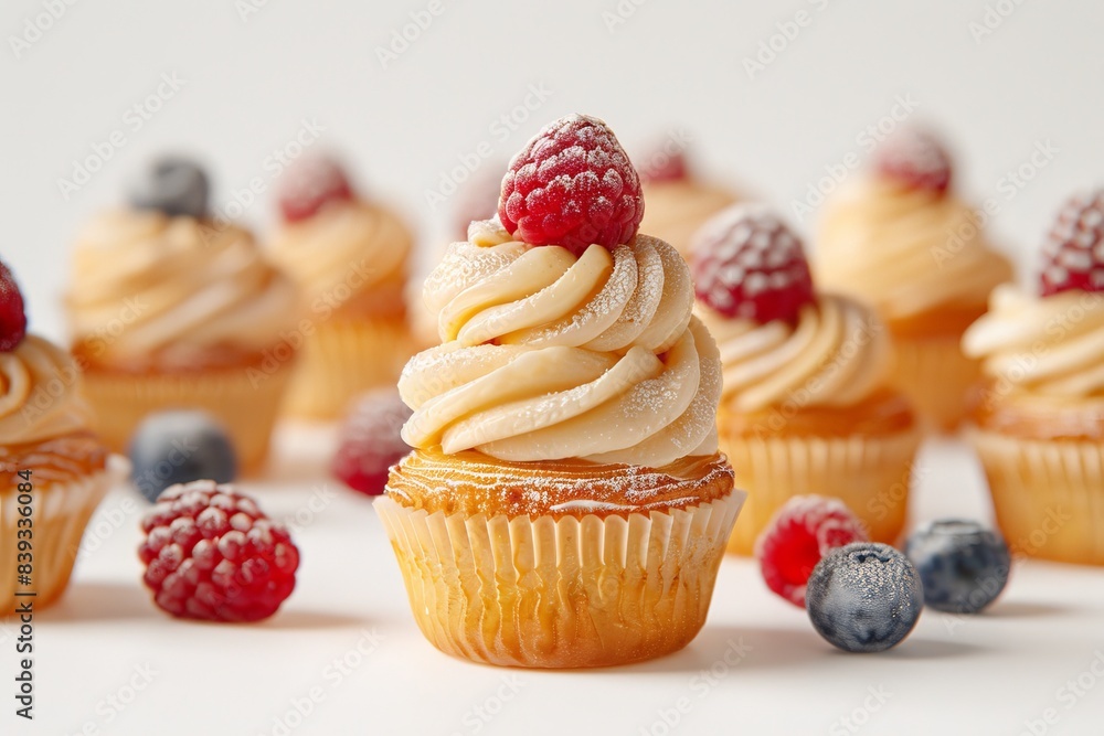 Poster raspberry lemon cupcakes with lemon frosting and fresh raspberries on a white plate