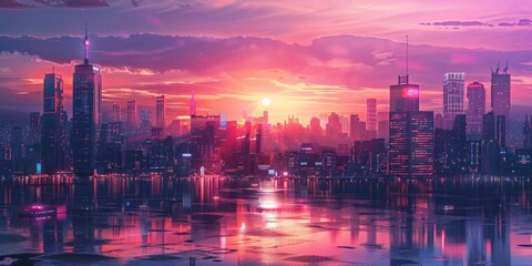 Obraz premium Futuristic cityscape with buildings styled like a sci-fi movie, sunset reflecting in the sky, city glowing with neon lights 