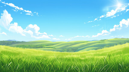 Fototapeta premium Sunny day over a lush green meadow with rolling hills and a blue sky with fluffy clouds.