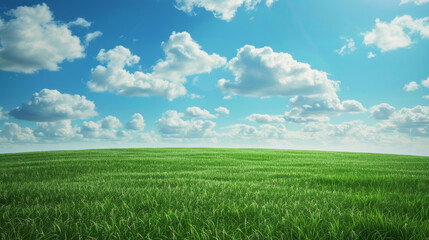 A breathtaking view of a lush green field under a vibrant blue sky with fluffy white clouds, perfect for nature, peace, and tranquility themes.