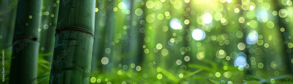 Poster Serene bamboo forest with sunlight filtering through the leaves, creating a tranquil and calming atmosphere. Perfect for nature and relaxation themes.
