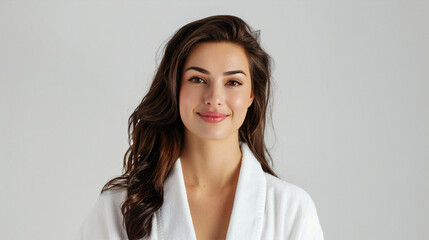 A young woman with a radiant complexion and long, flowing hair stands confidently in a white robe, suggesting a theme of beauty, wellness, and self-care