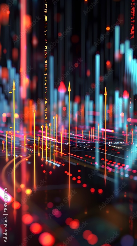 Poster dynamic visualization of index performance data processing in abstract digital backdrop