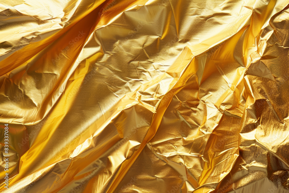 Poster close-up of crumpled golden foil texture creating a shiny, reflective surface ideal for backgrounds 