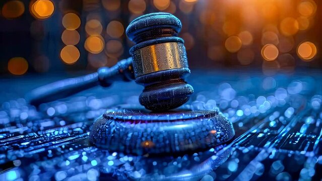 Gavel with binary code on the keyboard, concept of cybercrime