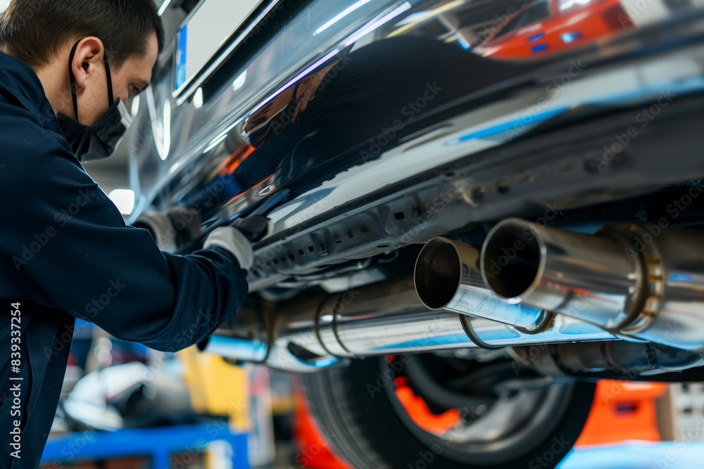 Poster professional auto technician installing custom exhaust system for enhanced car performance and sound