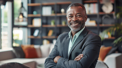 Confident mature businessman stands with crossed arms, smiling warmly in a modern office setting, his demeanor reflecting success and professionalism. The portrait emphasizes leadership and experience