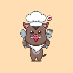 Cute chef wild boar holding spoon and fork cartoon vector illustration