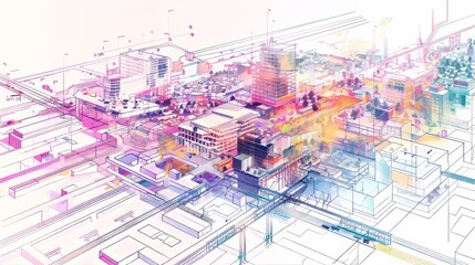 Obraz premium A geometric diagram showing a city's transportation network, with many transparent layers, in the style of luminous landscapes, white background, isometric, city vistas with cartelcore, luminous image