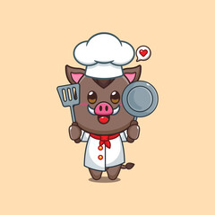 Cute chef wild boar cartoon vector illustration.