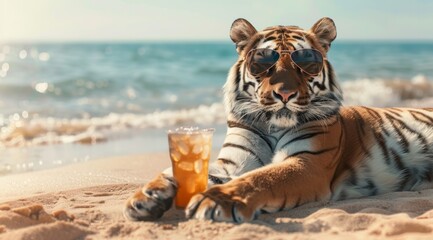 Cool Tiger with Shades Enjoying a Sunny Day by the Ocean