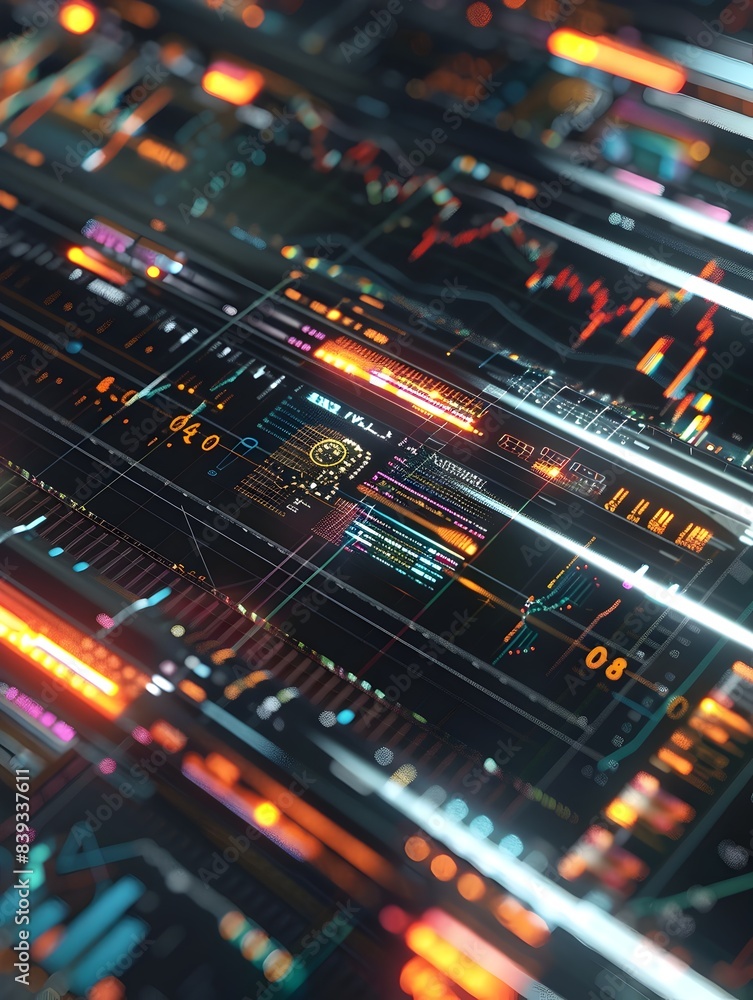 Poster a 3d rendered visualization of backtesting trading strategies using historical financial data