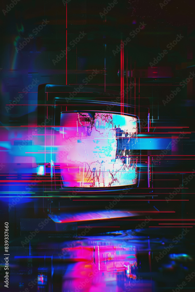 Poster a retro television with a glitch effect, blending vivid colors and digital distortion, creating a fu