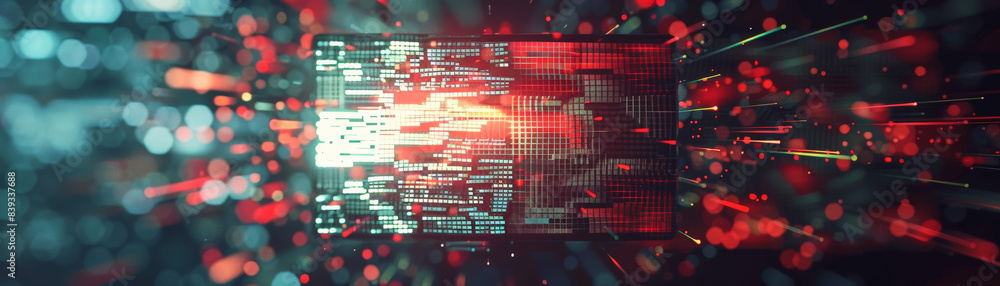 Poster abstract depiction of data transfer and digital coding in a vibrant, energetic scene, emphasizing th
