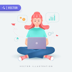 Freelancer Pink Haired Woman Siting with Crossed Her Leg with Laptop. Work From Home Concept. 3D Style Vector Illustration.
