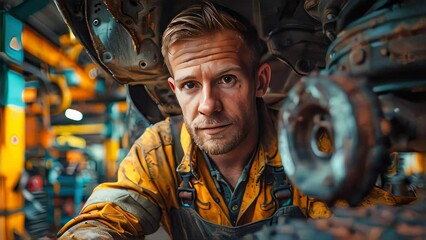 Car tire shop and service - mechanic repair a wheel on garage background