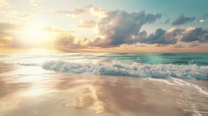 Fototapeta premium A serene beach background with soft waves gently crashing on the shore and a beautiful sunset in the sky, perfect for relaxation themes