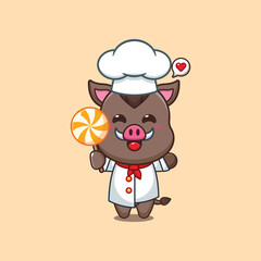 Cute chef wild boar holding candy cartoon vector illustration.