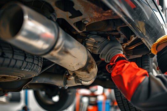 Professional Auto Technician Replacing Muffler for Optimal Car Performance in Repair Shop