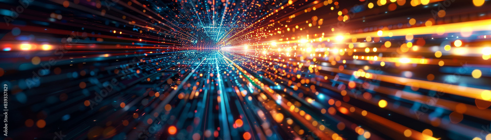 Poster abstract representation of data transmission with colorful light trails and glowing particles, showc