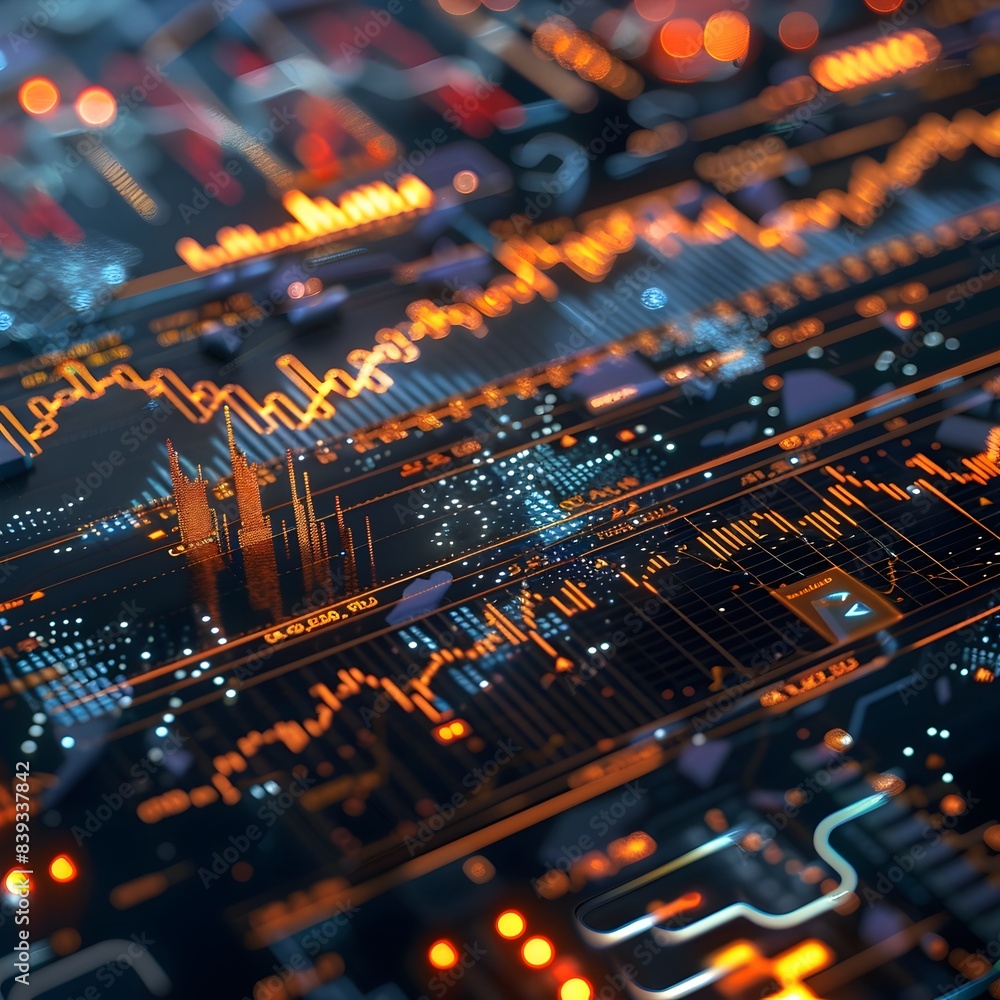 Poster futuristic 3d rendering of interconnected data visualizations depicting financial market dynamics
