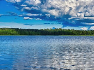 Wave breaker with sea, blue sky palm tree and rock. Summer lake sky water trees. Beauty nature. Summer landscape. Beautiful blue sky, blue sky above the water,nature. Summer by the lake. Bright sky