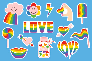 Set of LGBT stickers on blue background with rainbow symbols, gender marks. Symbols of LGBTQ community. Flat retro style illustration. Conceptual symbols of sexual orientation.