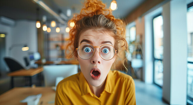 Surprised Curly-Haired Woman Close-Up in Modern Office