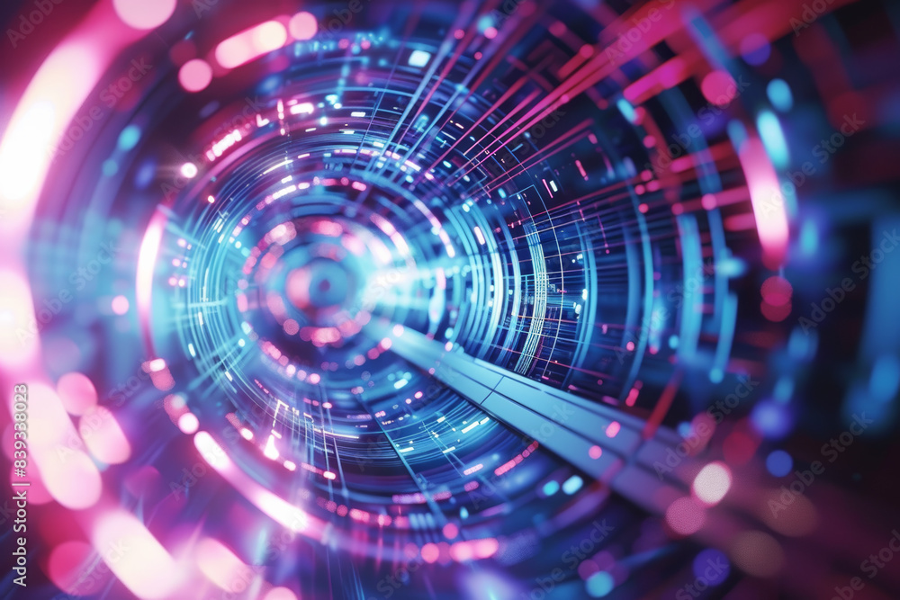 Poster futuristic digital tunnel with vibrant neon lights and dynamic lines representing technology, connec