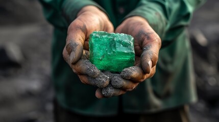 man's hands hold an emerald gemstone. mining of precious metals --no text --ar 16:9 --quality 0.5 Job ID: f30b10cc-4657-4cb8-8ce8-0e6e7dd6930a