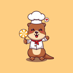 Cute chef otter holding candy cartoon vector illustration