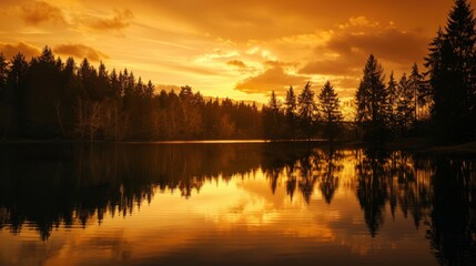 Fototapeta premium A serene lake reflecting the golden hues of a setting sun, with silhouettes of trees along the shoreline