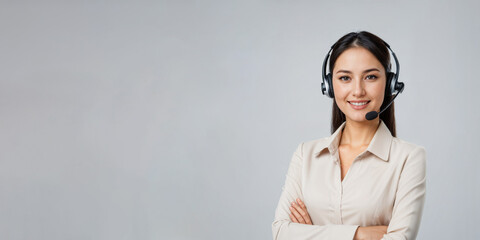 Call Center Agent mit Headset - freundlich l&auml;chelnde br&uuml;nette junge Frau, isoliert / freigestellt -  Callcenter Supporter, Hotline