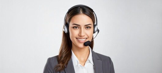 Call Center Agent mit Headset - freundlich l&auml;chelnde br&uuml;nette junge Frau, isoliert / freigestellt -  Callcenter Supporter, Hotline