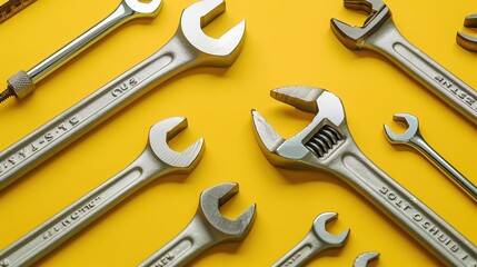A set of adjustable wrenches and pliers laid out on a solid yellow background, their sturdy steel construction and ergonomic handles conveying reliability and efficiency in mechanical work.