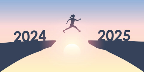 woman jumping over a cliff from 2024 to 2025 vector ilustration